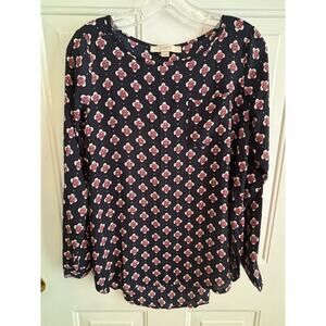 Ann Taylor LOFT Navy Floral Print Long Sleeve Blouse XXS